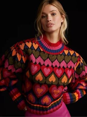 Farm Rio Colorful Heart-Pattern Crewneck Sweater — Multicolor size Medium